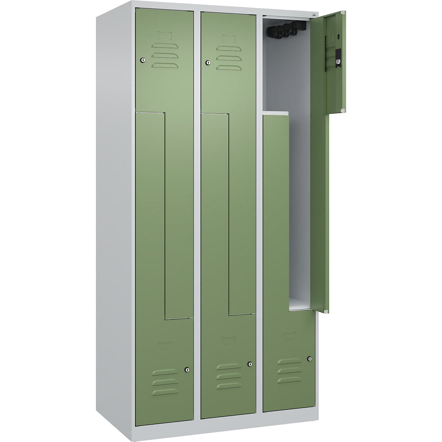 Classic PLUS Z locker, 3 compartments, light grey/reseda green, W 900 mm, with floor glides, cylinder lock.
