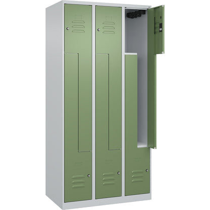 Classic PLUS Z locker, 3 compartments, light grey/reseda green, W 900 mm, with floor glides, cylinder lock.
