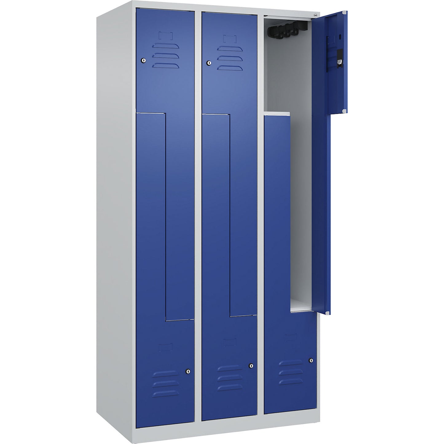 Classic PLUS Z locker, 3 compartments, light grey/gentian blue, W 900 mm, with floor glides, cylinder lock.
