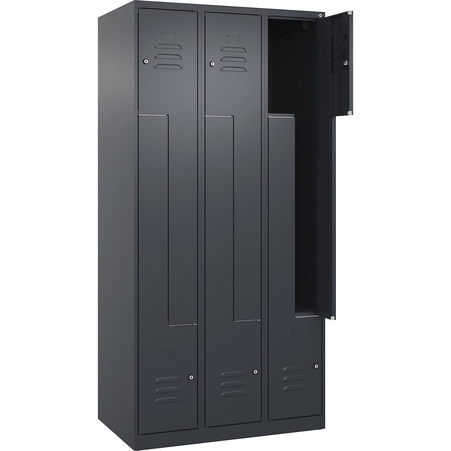 Classic PLUS Z locker, 3 compartments, grey, W 900 mm, with floor glides, cylinder lock.