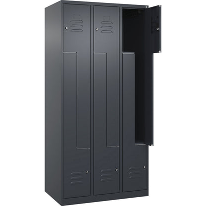 Classic PLUS Z locker, 3 compartments, grey, W 900 mm, with floor glides, cylinder lock.