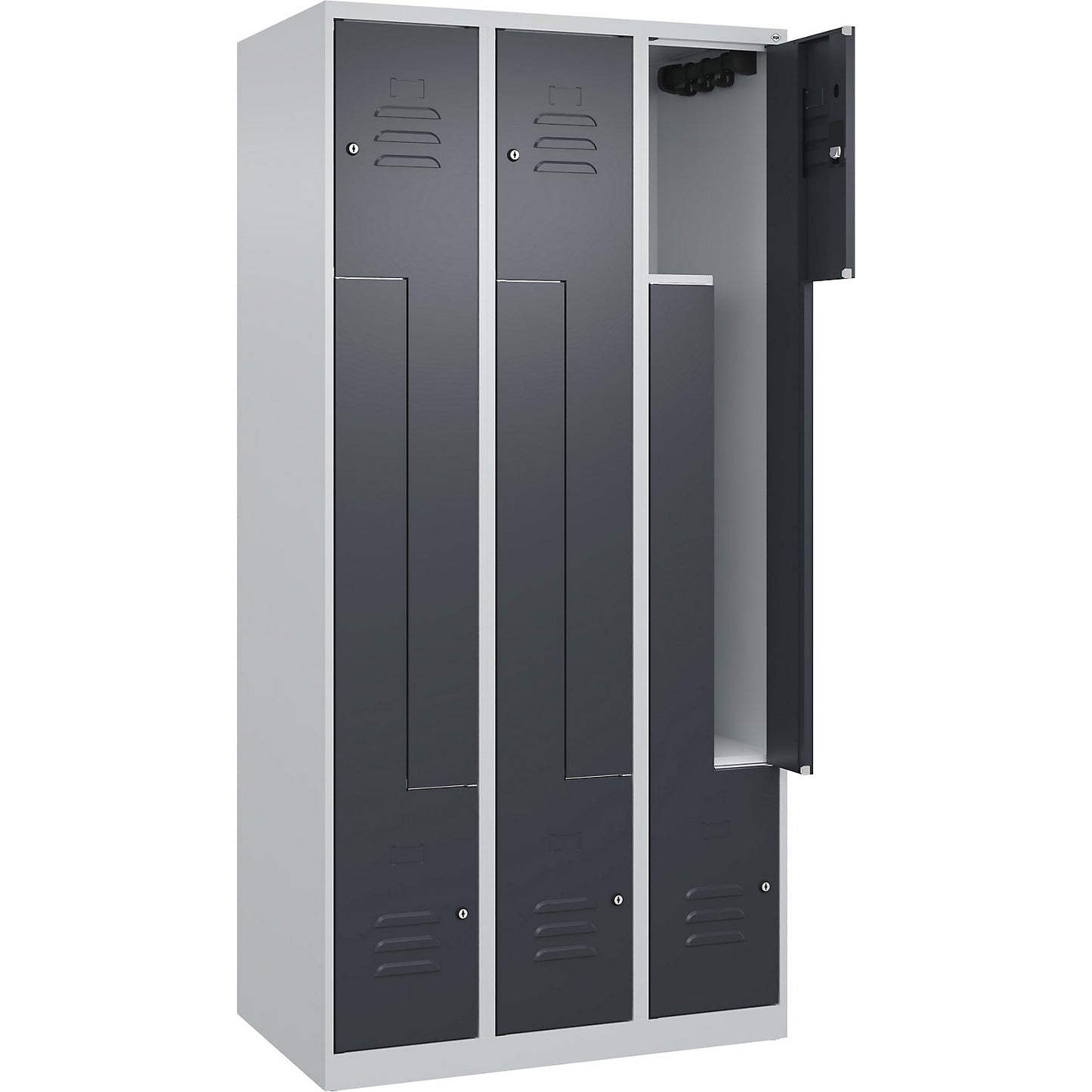 Classic PLUS Z locker, 3 compartments, light grey/grey, W 900 mm, with floor glides, cylinder lock.