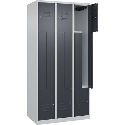 Classic PLUS Z locker, 3 compartments, light grey/grey, W 900 mm, with floor glides, cylinder lock.