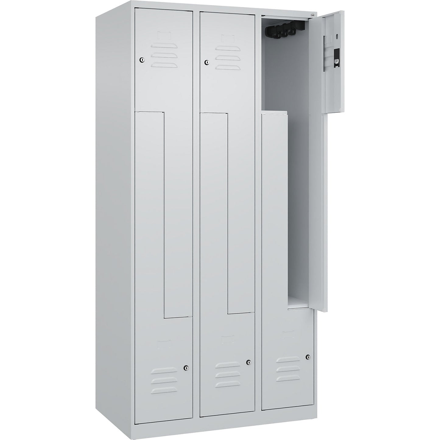 Classic PLUS Z locker, 3 compartments, light grey, W 900 mm, with floor glides, cylinder lock.