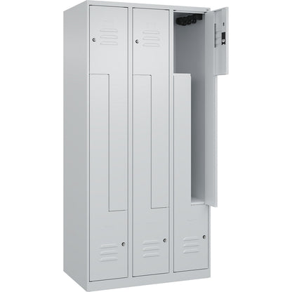 Classic PLUS Z locker, 3 compartments, light grey, W 900 mm, with floor glides, cylinder lock.