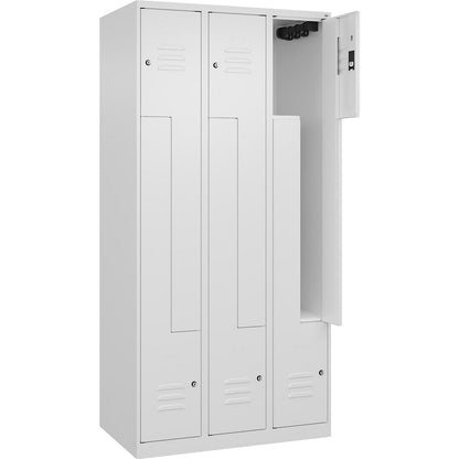 Classic PLUS Z locker, 3 compartments, traffic white, W 900 mm, with floor glides, cylinder lock.