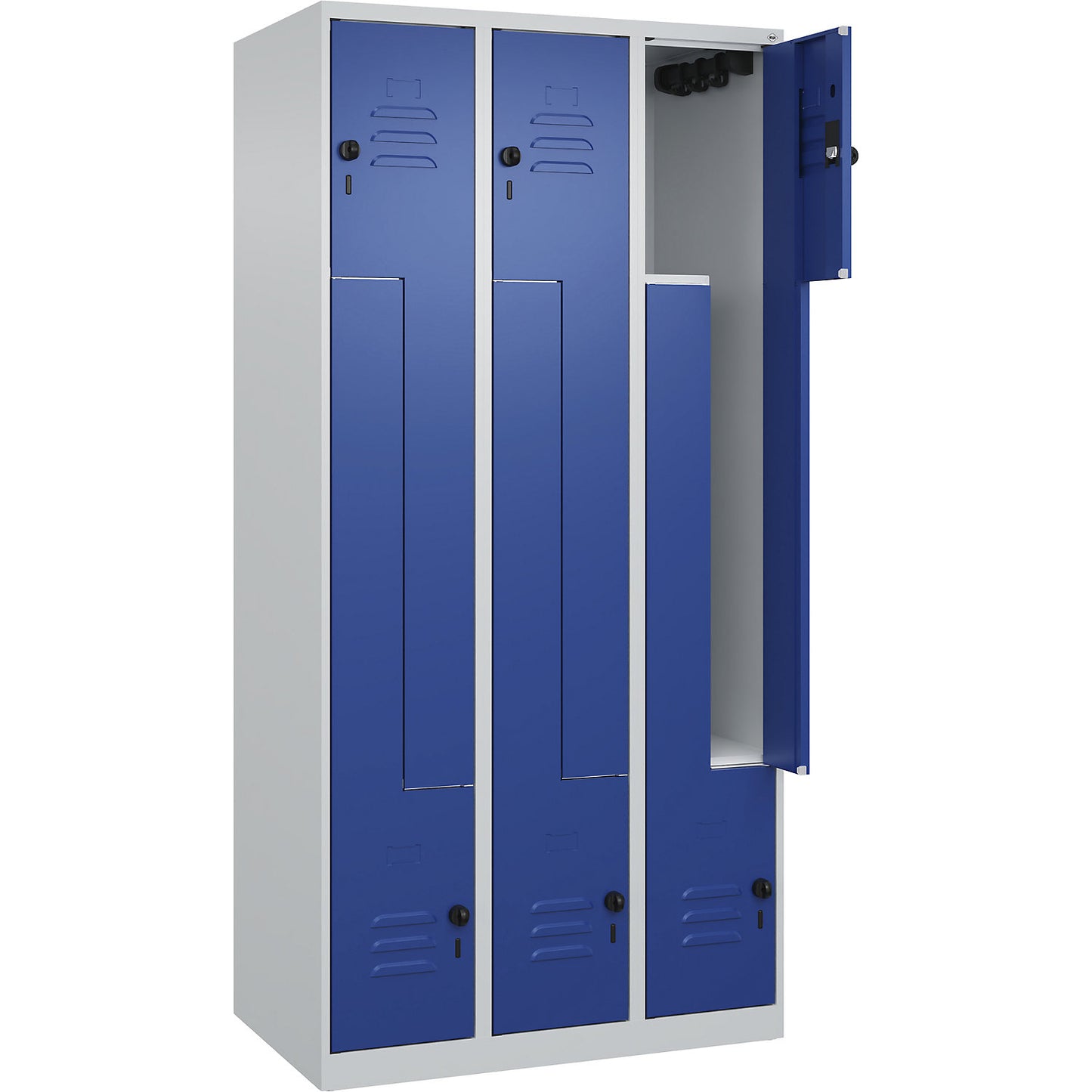 Classic PLUS Z locker, 3 compartments, light grey/gentian blue, W 900 mm, with floor glides, rotary bolt.