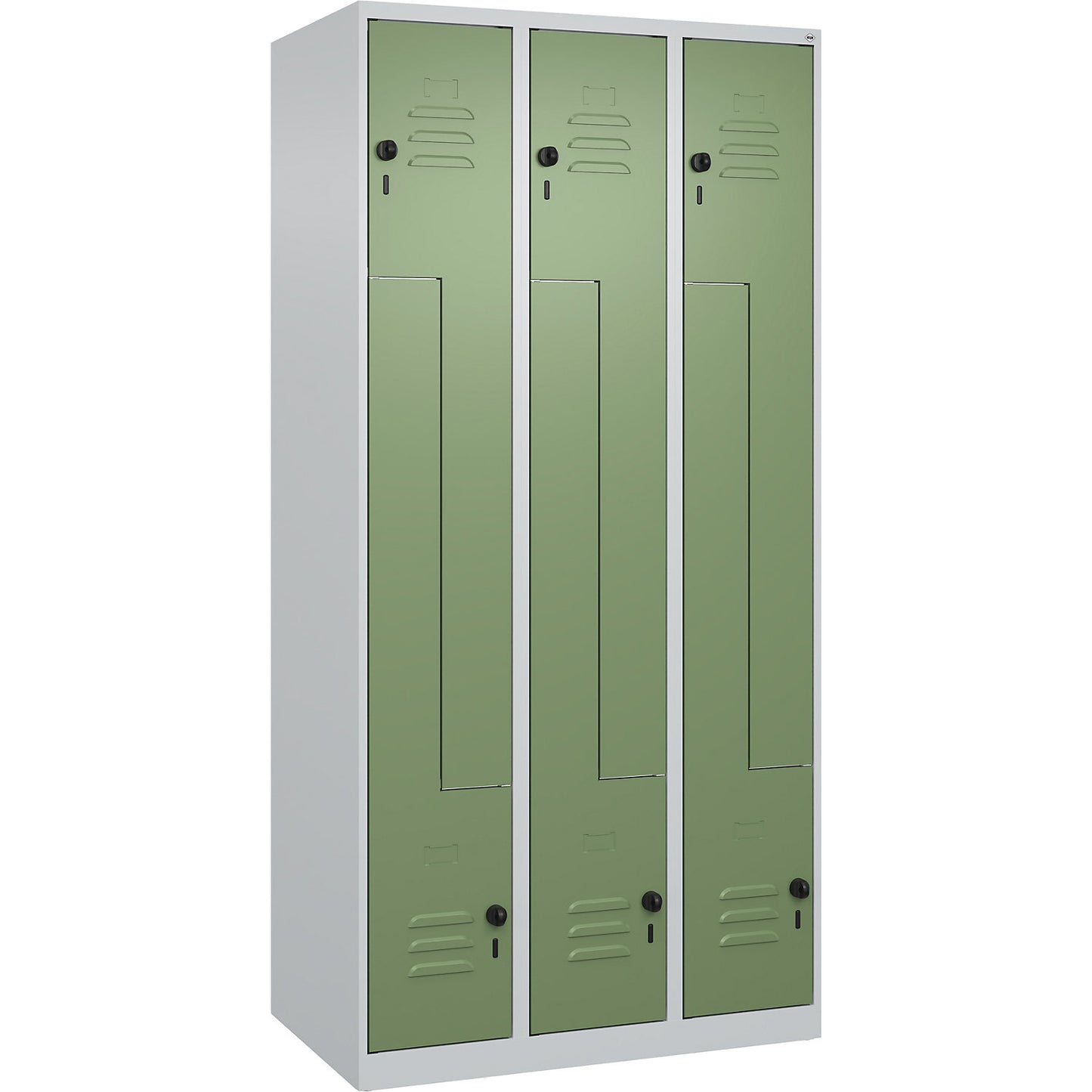 Classic PLUS Z locker, 3 compartments, light grey/reseda green, W 900 mm, with floor glides, rotary bolt.