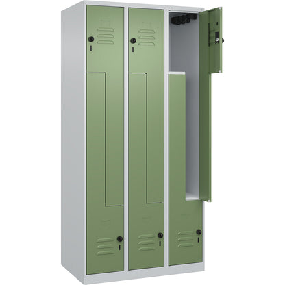 Classic PLUS Z locker, 3 compartments, light grey/reseda green, W 900 mm, with floor glides, rotary bolt.