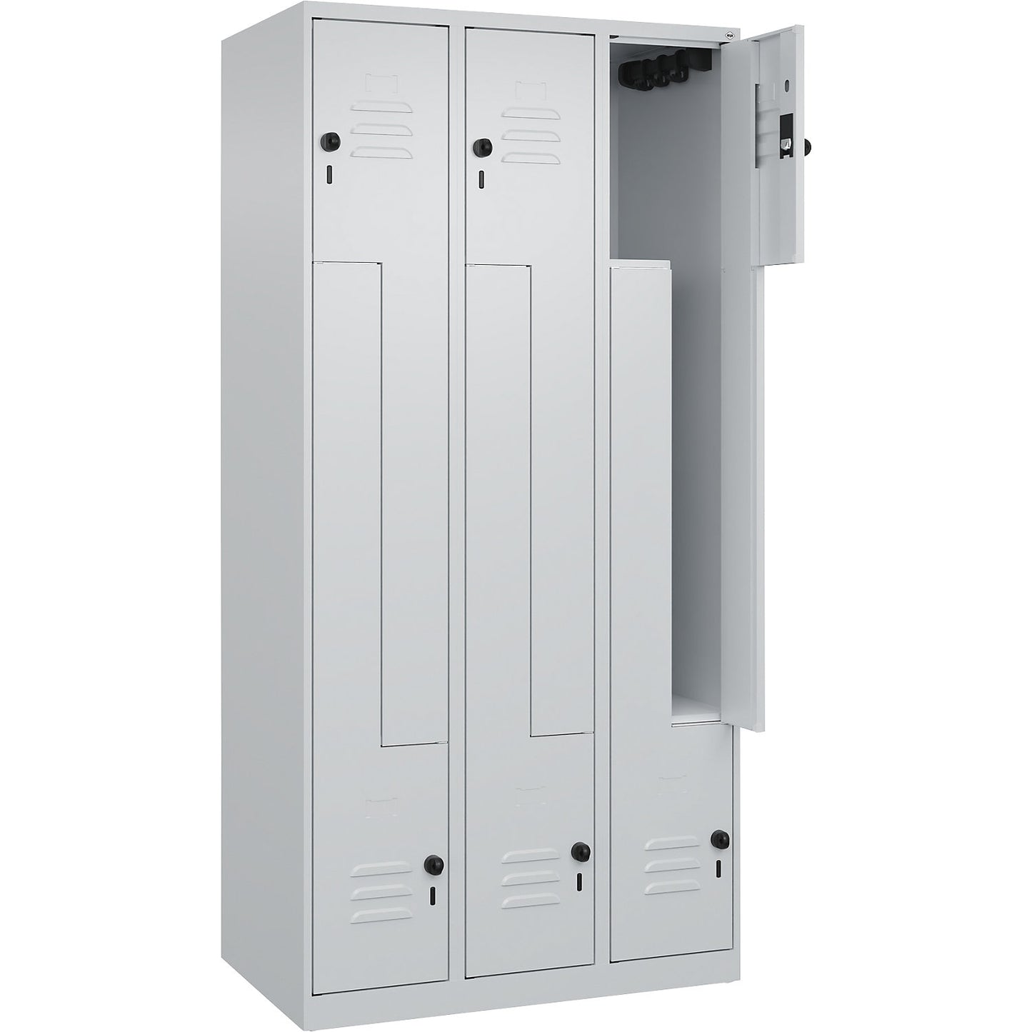 Classic PLUS Z locker, 3 compartments, light grey, W 900 mm, with floor glides, rotary bolt.
