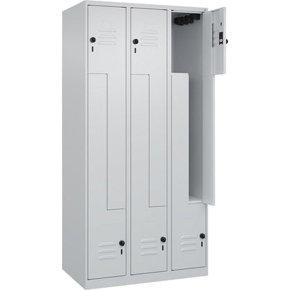 Classic PLUS Z locker, 3 compartments, light grey, W 900 mm, with floor glides, rotary bolt.