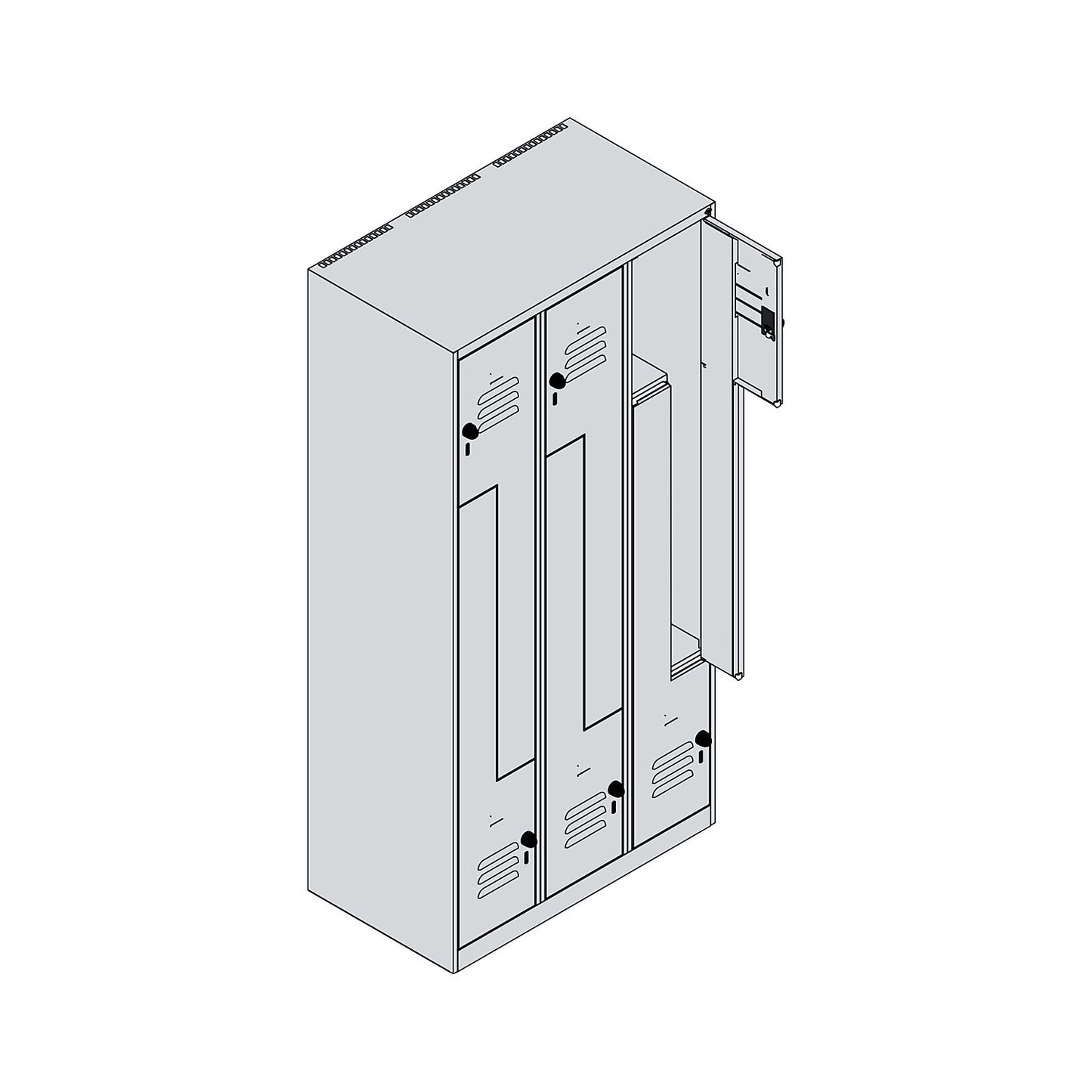 Classic PLUS Z locker, 3 compartments, light grey, W 900 mm, with floor glides, rotary bolt.