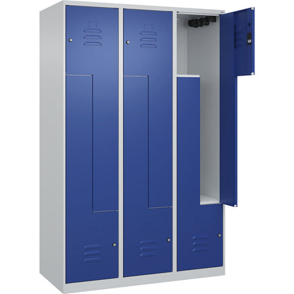 Classic PLUS Z locker, 3 compartments, light grey/gentian blue, W 1200 mm, with floor glides, cylinder lock.