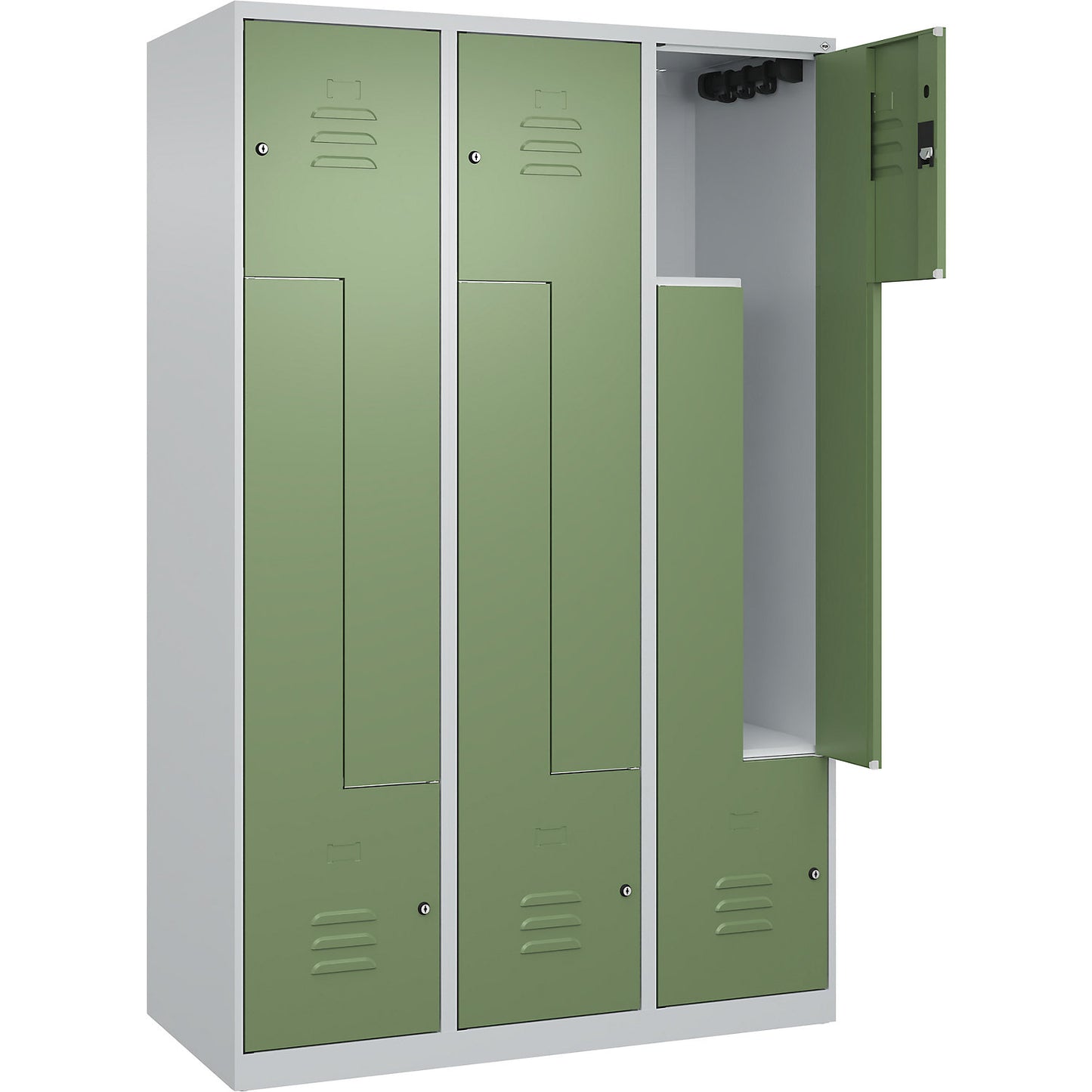 Classic PLUS Z locker, 3 compartments, light grey/reseda green, W 1200 mm, with floor glides, cylinder lock.