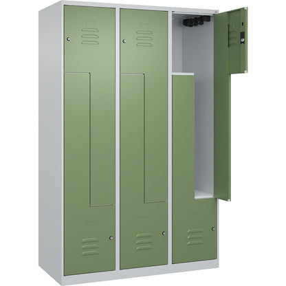 Classic PLUS Z locker, 3 compartments, light grey/reseda green, W 1200 mm, with floor glides, cylinder lock.