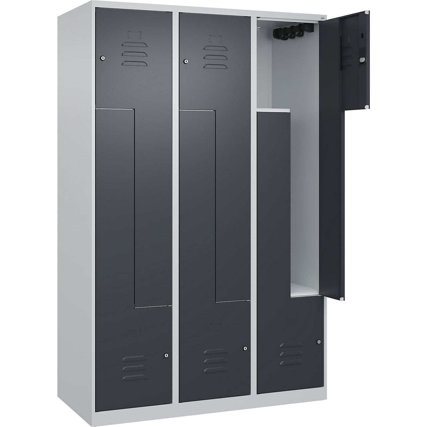 Classic PLUS Z locker, 3 compartments, light grey/grey, W 1200 mm, with floor glides, cylinder lock.