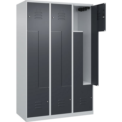 Classic PLUS Z locker, 3 compartments, light grey/grey, W 1200 mm, with floor glides, cylinder lock.