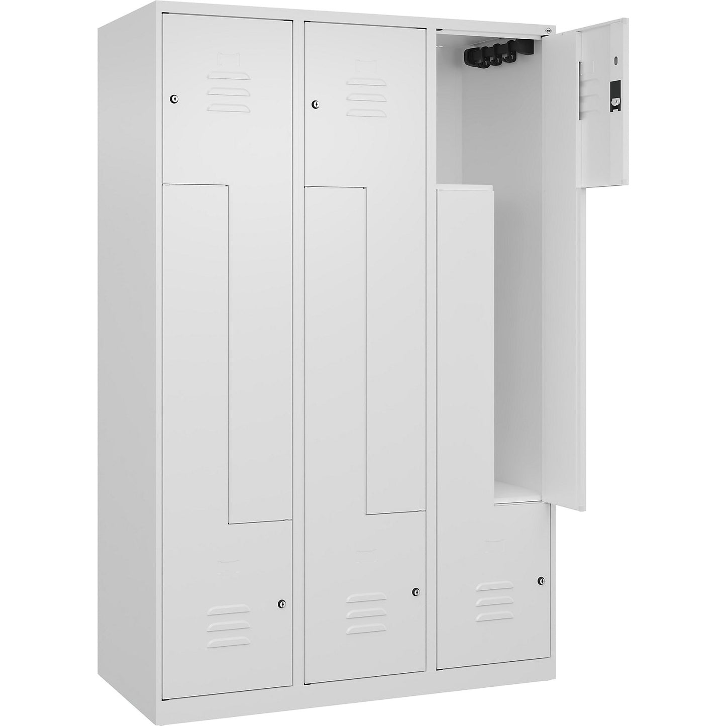 Classic PLUS Z locker, 3 compartments, traffic white, W 1200 mm, with floor glides, cylinder lock.