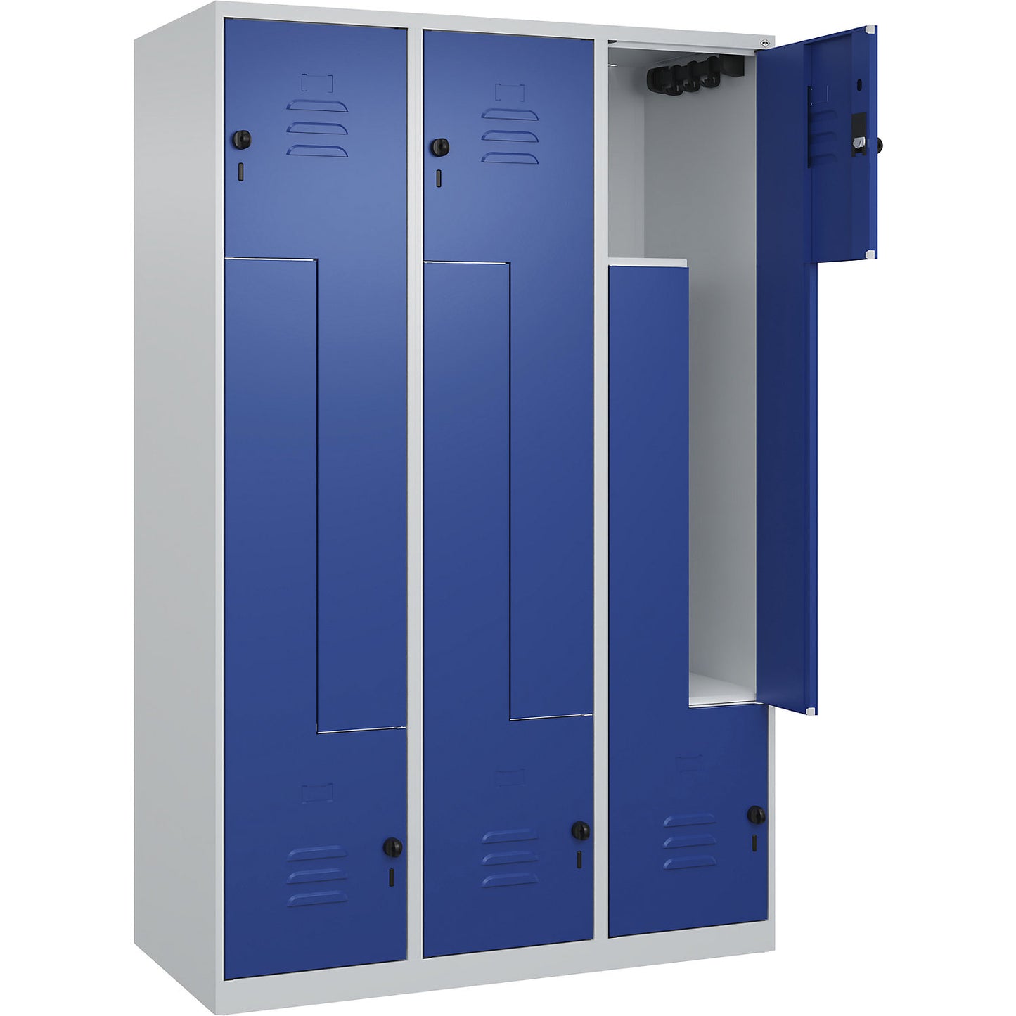 Classic PLUS Z locker, 3 compartments, light grey/gentian blue, W 1200 mm, with floor glides, rotary bolt.