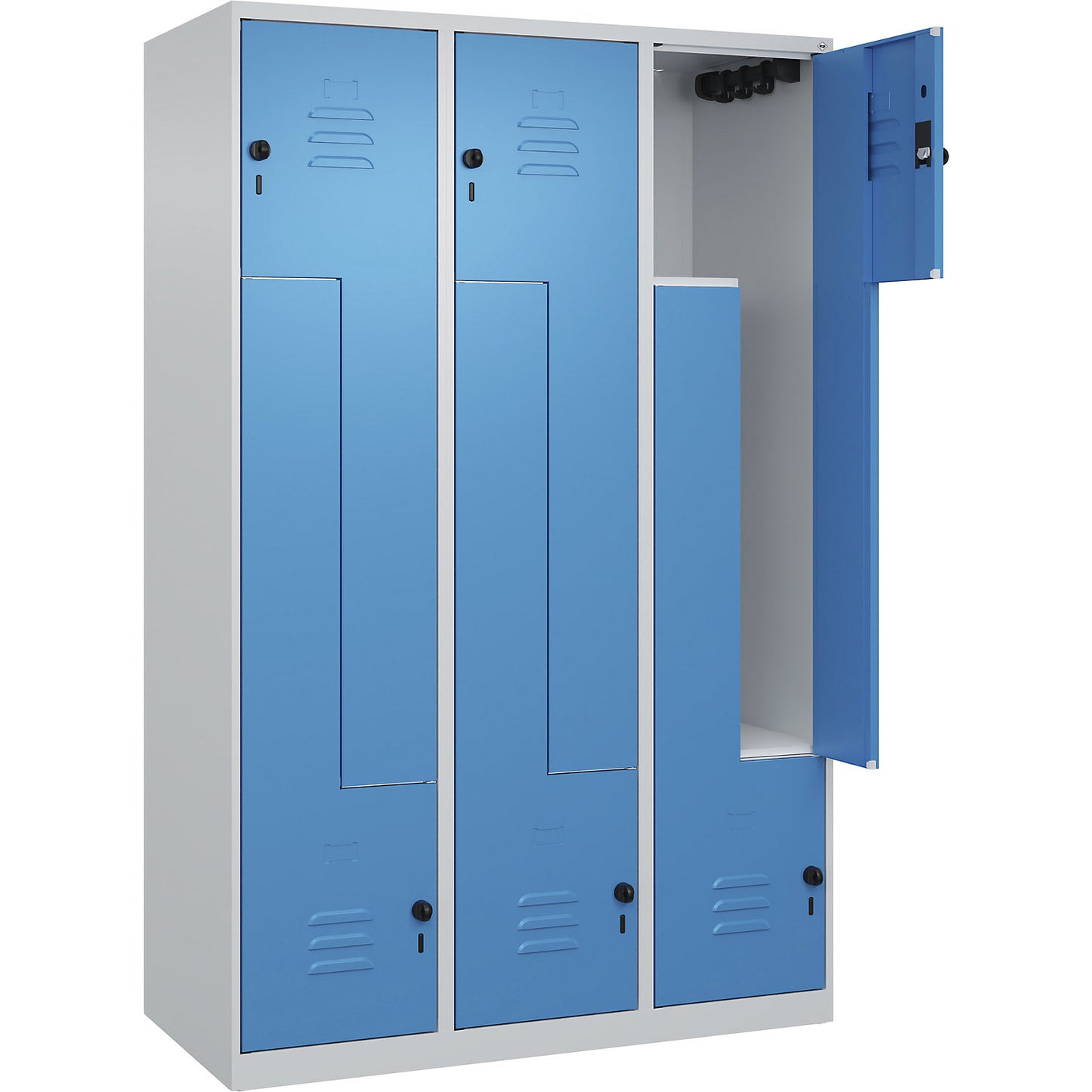 Classic PLUS Z locker, 3 compartments, light grey/light blue, W 1200 mm, with floor glides, rotary bolt.