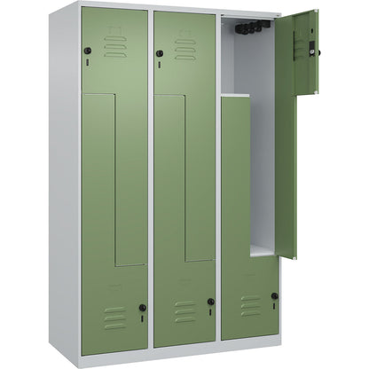 Classic PLUS Z locker, 3 compartments, light grey/reseda green, W 1200 mm, with floor glides, rotary bolt.