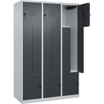 Classic PLUS Z locker, 3 compartments, light grey/grey, W 1200 mm, with floor glides, rotary bolt.