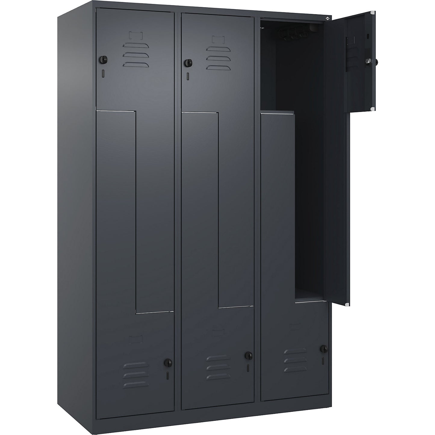 Classic PLUS Z locker, 3 compartments, grey, W 1200 mm, with floor glides, rotary bolt.