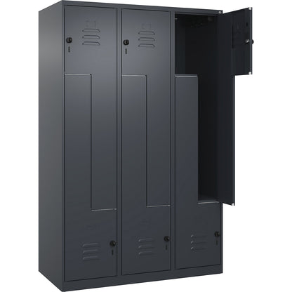 Classic PLUS Z locker, 3 compartments, grey, W 1200 mm, with floor glides, rotary bolt.