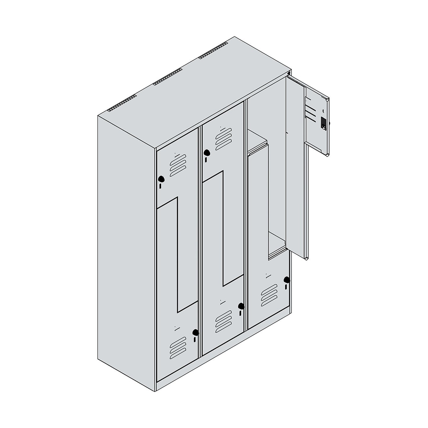 Classic PLUS Z locker, 3 compartments, light grey/reseda green, W 1200 mm, with floor glides, rotary bolt.