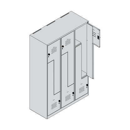 Classic PLUS Z locker, 3 compartments, light grey/reseda green, W 1200 mm, with floor glides, rotary bolt.