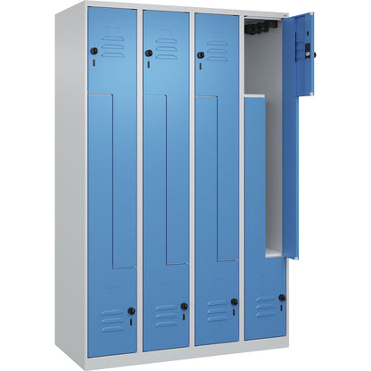 Classic PLUS Z locker, 4 compartments, light grey/light blue, W 1200 mm, with floor glides, rotary bolt.