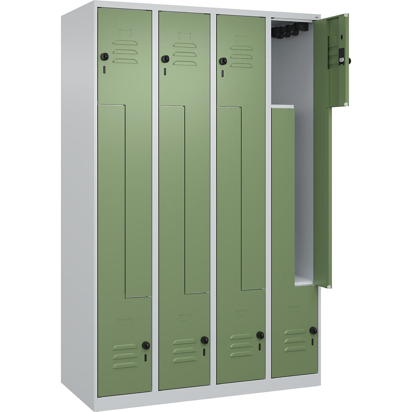 Classic PLUS Z locker, 4 compartments, light grey/reseda green, W 1200 mm, with floor glides, rotary bolt.