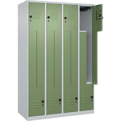Classic PLUS Z locker, 4 compartments, light grey/reseda green, W 1200 mm, with floor glides, rotary bolt.