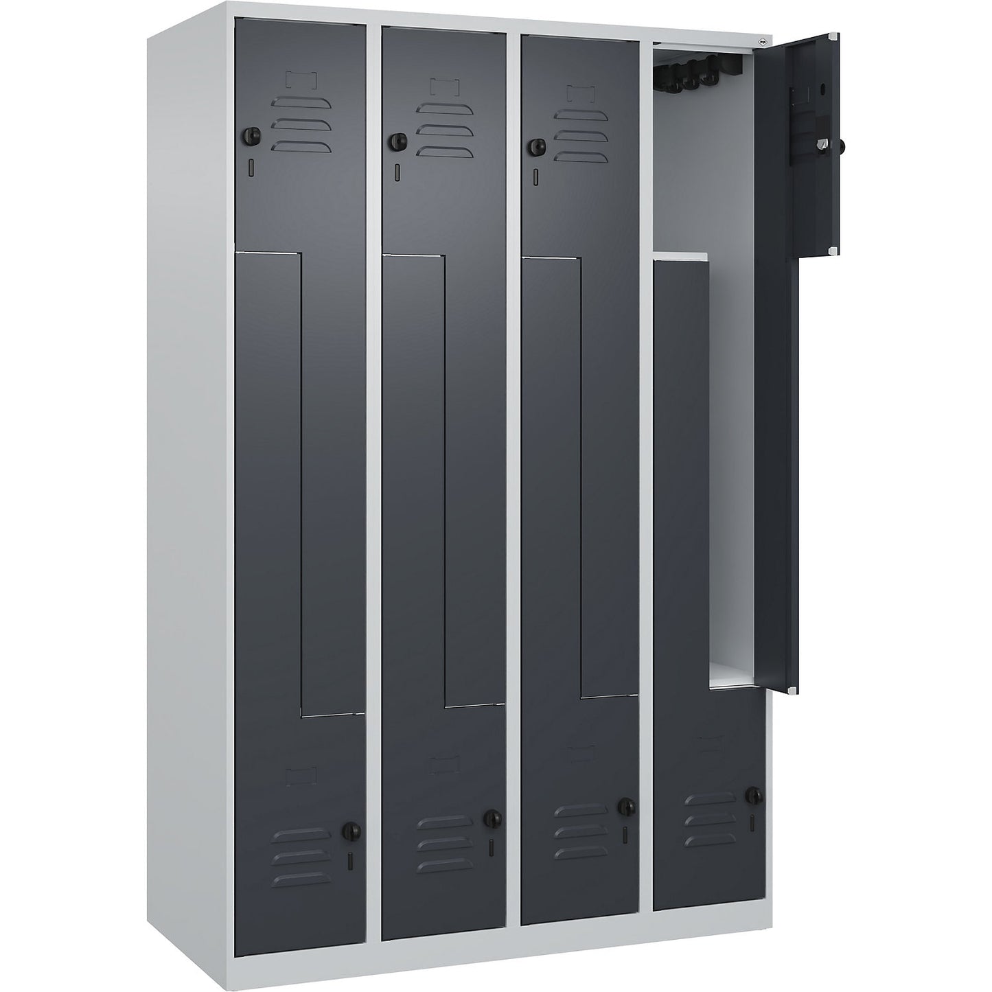 Classic PLUS Z locker, 4 compartments, light grey/grey, W 1200 mm, with floor glides, rotary bolt.