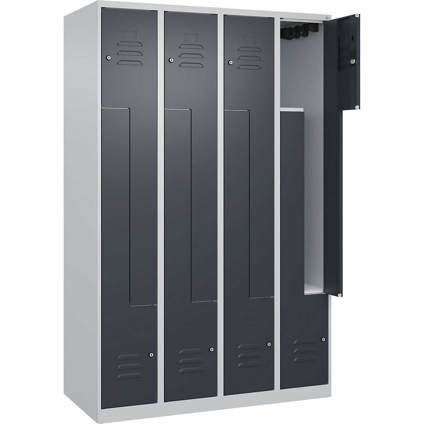 Classic PLUS Z locker, 4 compartments, light grey/grey, W 1200 mm, with floor glides, cylinder lock.