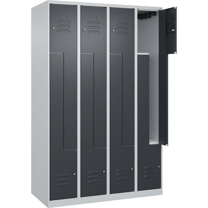 Classic PLUS Z locker, 4 compartments, light grey/grey, W 1200 mm, with floor glides, cylinder lock.