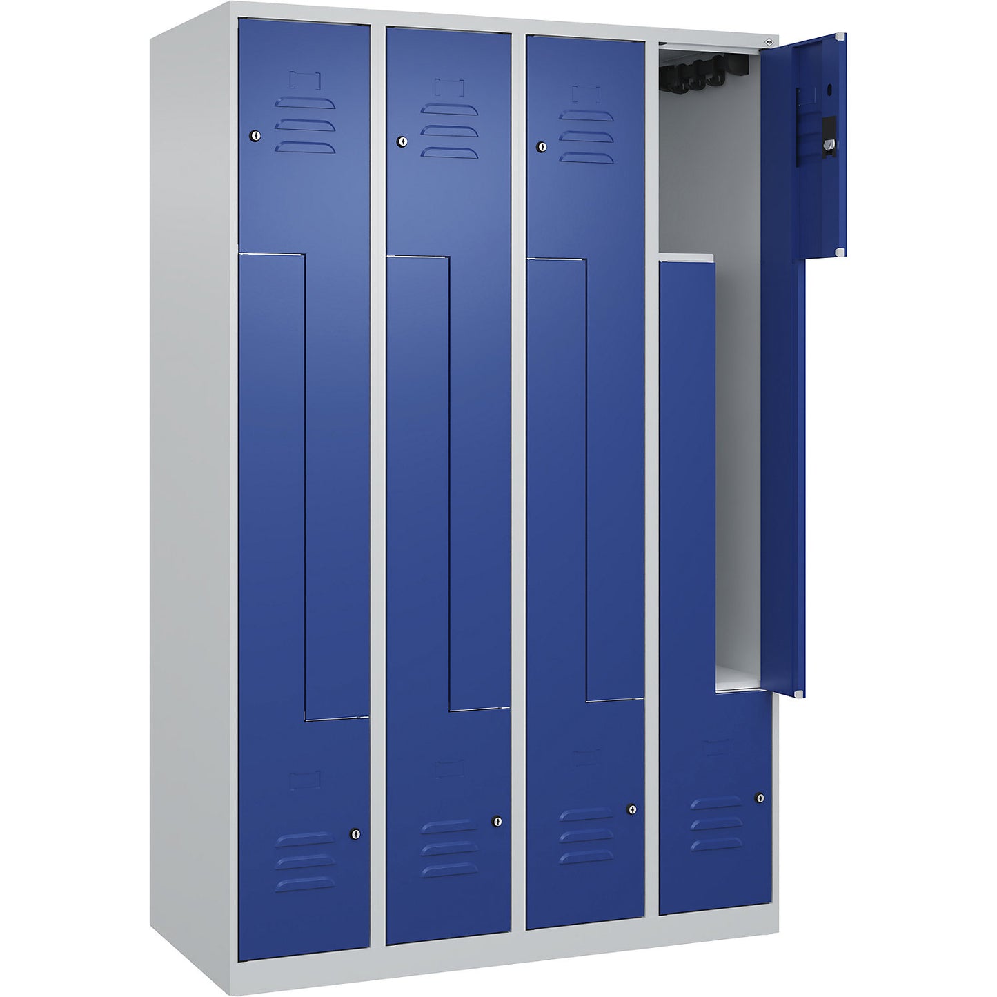 Classic PLUS Z locker, 4 compartments, light grey/gentian blue, W 1200 mm, with floor glides, cylinder lock.