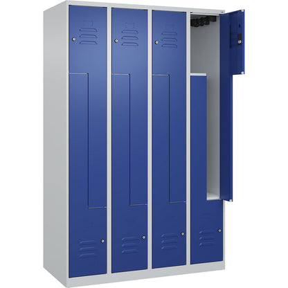 Classic PLUS Z locker, 4 compartments, light grey/gentian blue, W 1200 mm, with floor glides, cylinder lock.