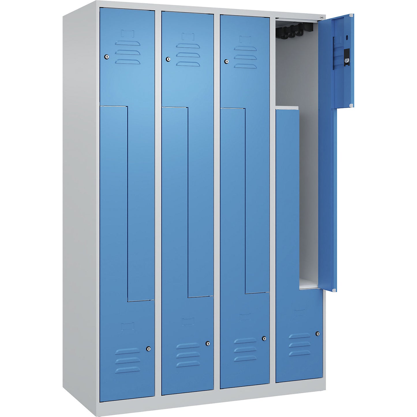Classic PLUS Z locker, 4 compartments, light grey/light blue, W 1200 mm, with floor glides, cylinder lock.