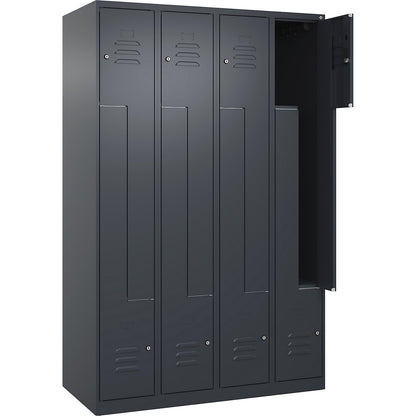Classic PLUS Z locker, 4 compartments, grey, W 1200 mm, with floor glides, cylinder lock.
