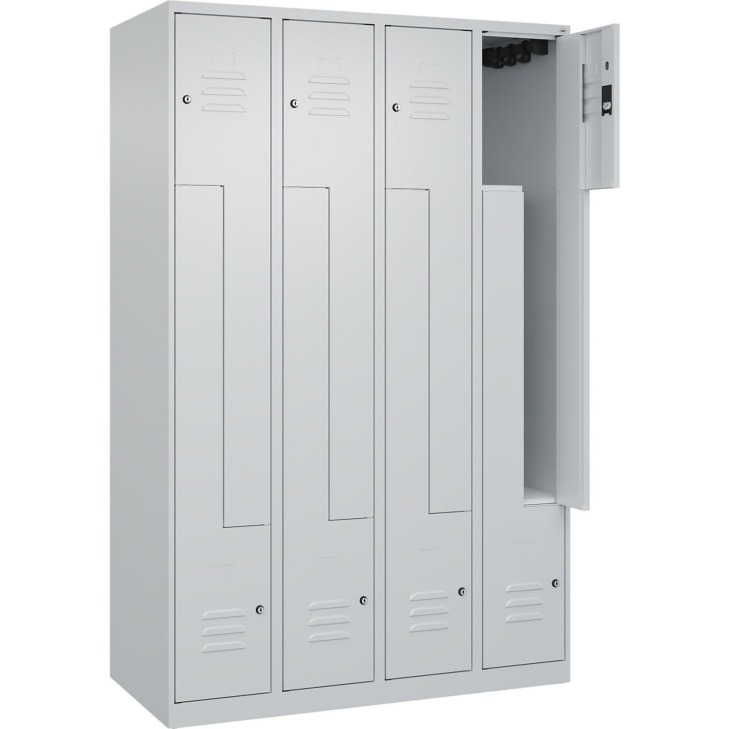 Classic PLUS Z locker, 4 compartments, light grey, W 1200 mm, with floor glides, cylinder lock.