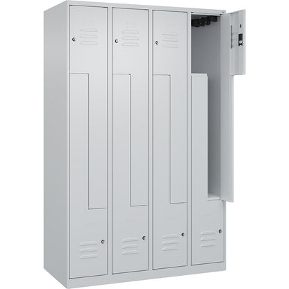 Classic PLUS Z locker, 4 compartments, light grey, W 1200 mm, with floor glides, cylinder lock.