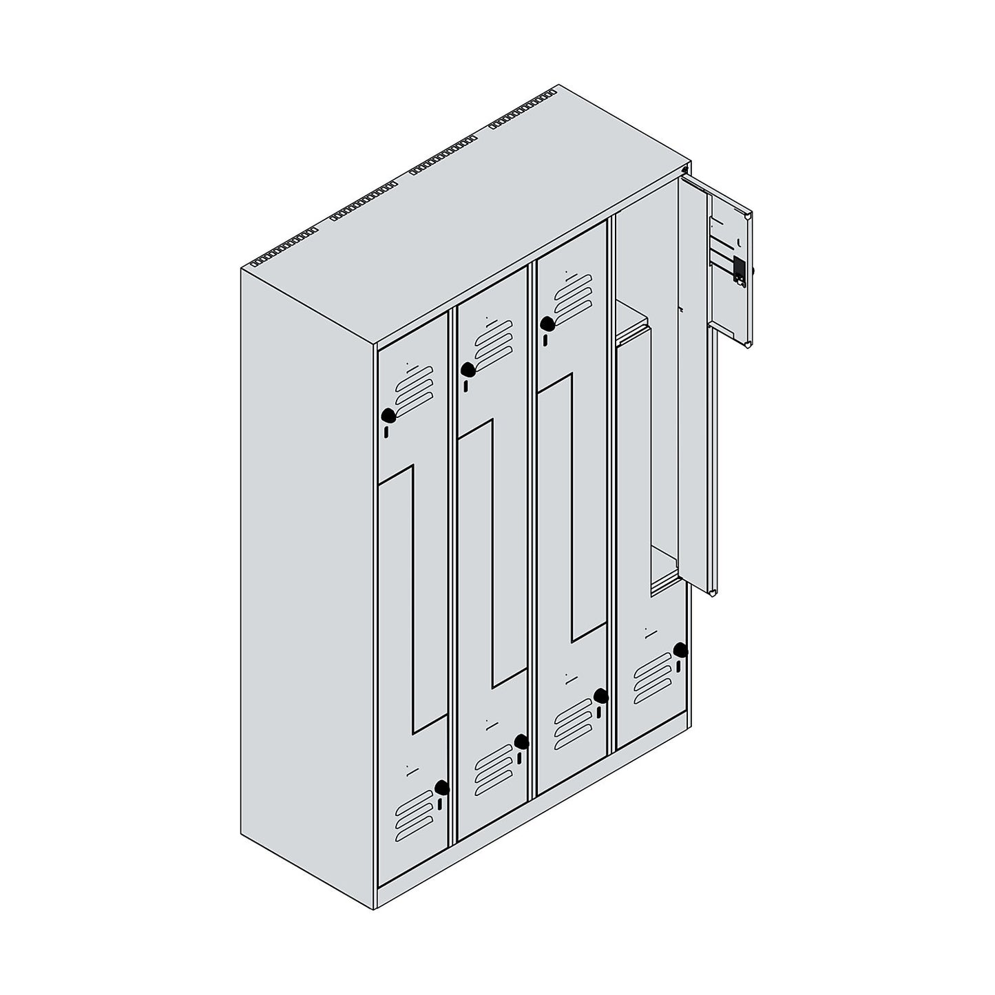 Classic PLUS Z locker, 4 compartments, light grey/reseda green, W 1200 mm, with floor glides, rotary bolt.