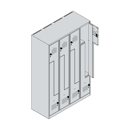 Classic PLUS Z locker, 4 compartments, light grey/grey, W 1200 mm, with floor glides, rotary bolt.