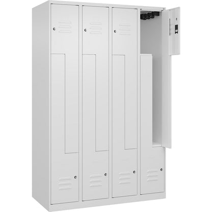 Classic PLUS Z locker, 4 compartments, traffic white, W 1200 mm, with floor glides, cylinder lock.
