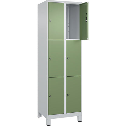Classic PLUS 3-fold compartment locker, 2 compartments, light grey/reseda green, W 600 mm, 6 compartments, with feet.