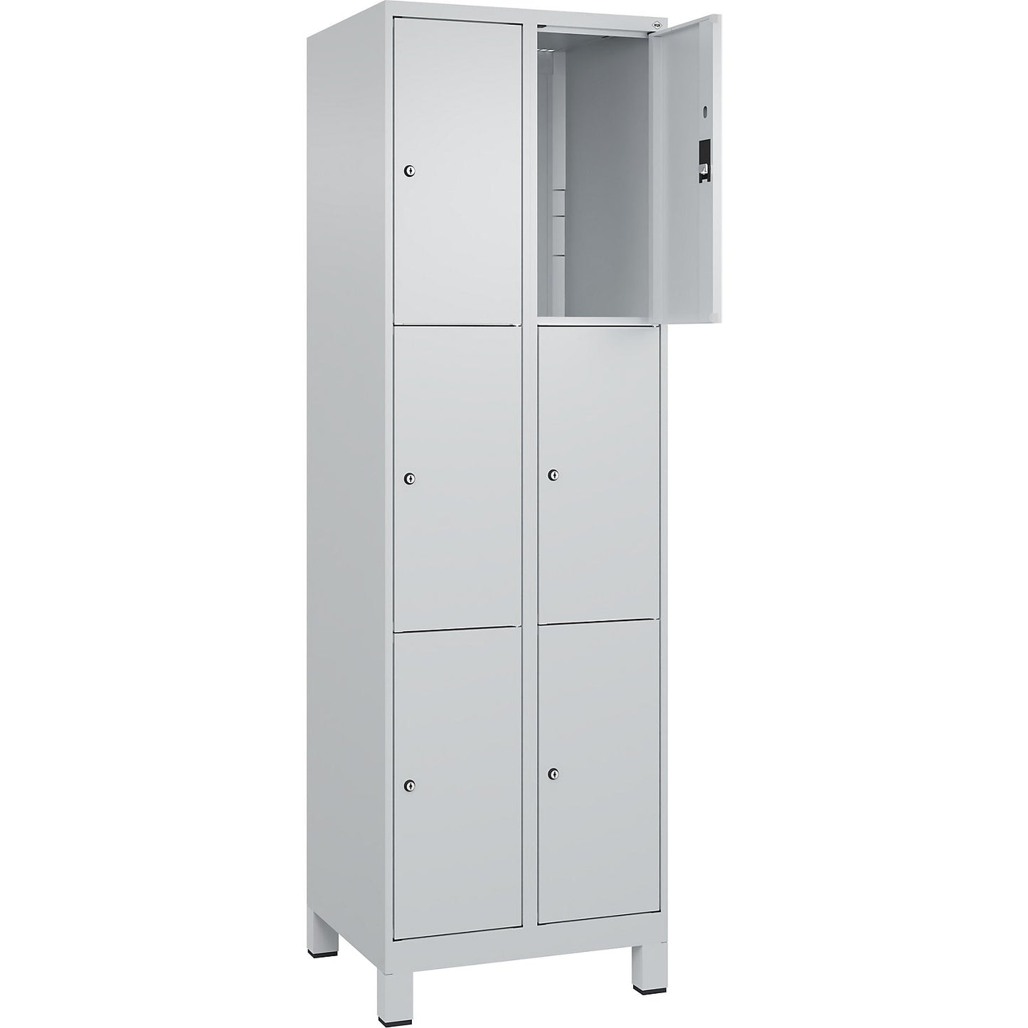 Classic PLUS 3-fold compartment locker, 2 compartments, light grey, W 600 mm, 6 compartments, with feet.