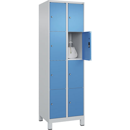 Classic PLUS 4-fold compartment locker, 2 compartments, light grey/light blue, W 600 mm, 8 compartments, with feet.