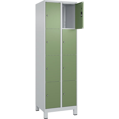Classic PLUS 4-fold compartment locker, 2 compartments, light grey/reseda green, W 600 mm, 8 compartments, with feet.