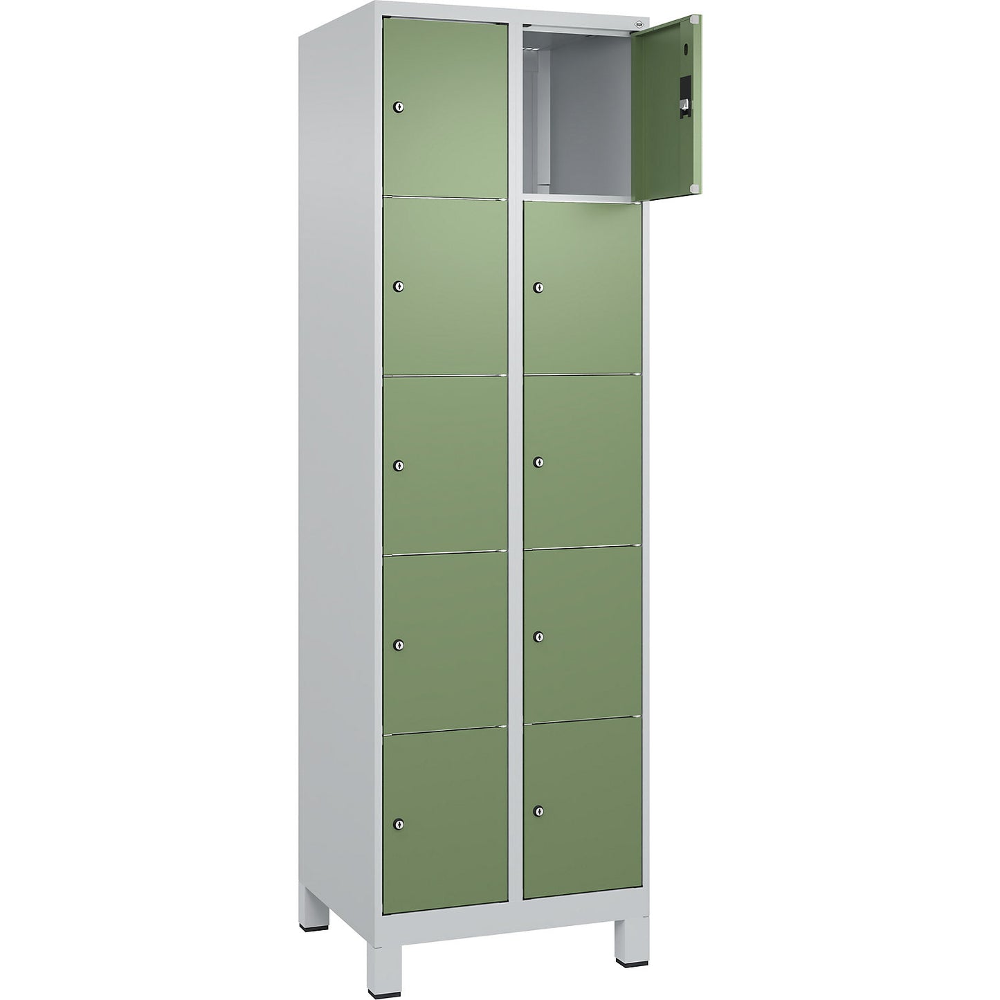 Classic PLUS 5-fold compartment locker, 2 compartments, light grey/reseda green, W 600 mm, 10 compartments, with feet.